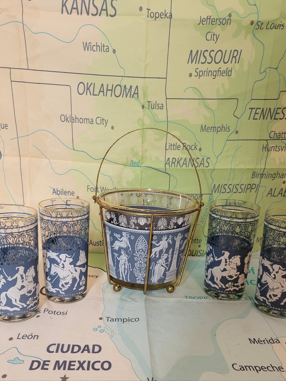 Vintage Weedgwood Portland Blue Style Ice Bucket With Glasses Set